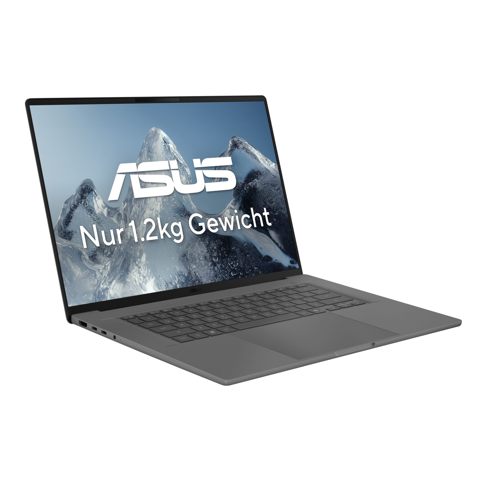 Grauer ASUS Laptop auf weißem Hintergrund mit Werbetext auf dem Bildschirm.