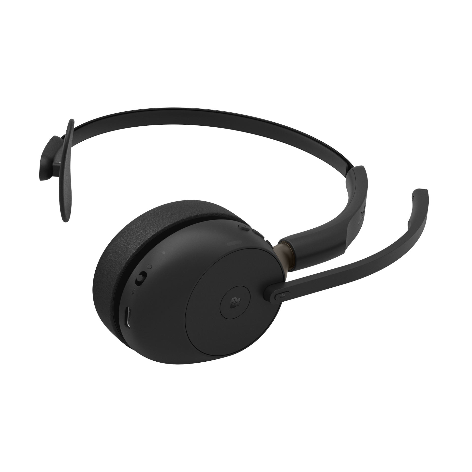 Ein schwarzes kabelloses Headset mit Mikrofonarm und schmalem Bügel vor weißem Hintergrund.
