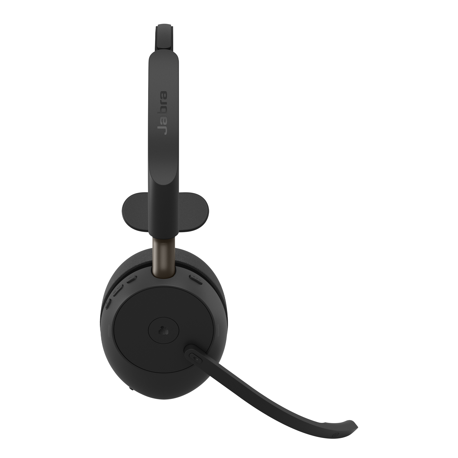 Schwarzes Jabra-Headset mit Kopfbügel, Mikrofonarm und Steuertasten auf weißem Hintergrund.
