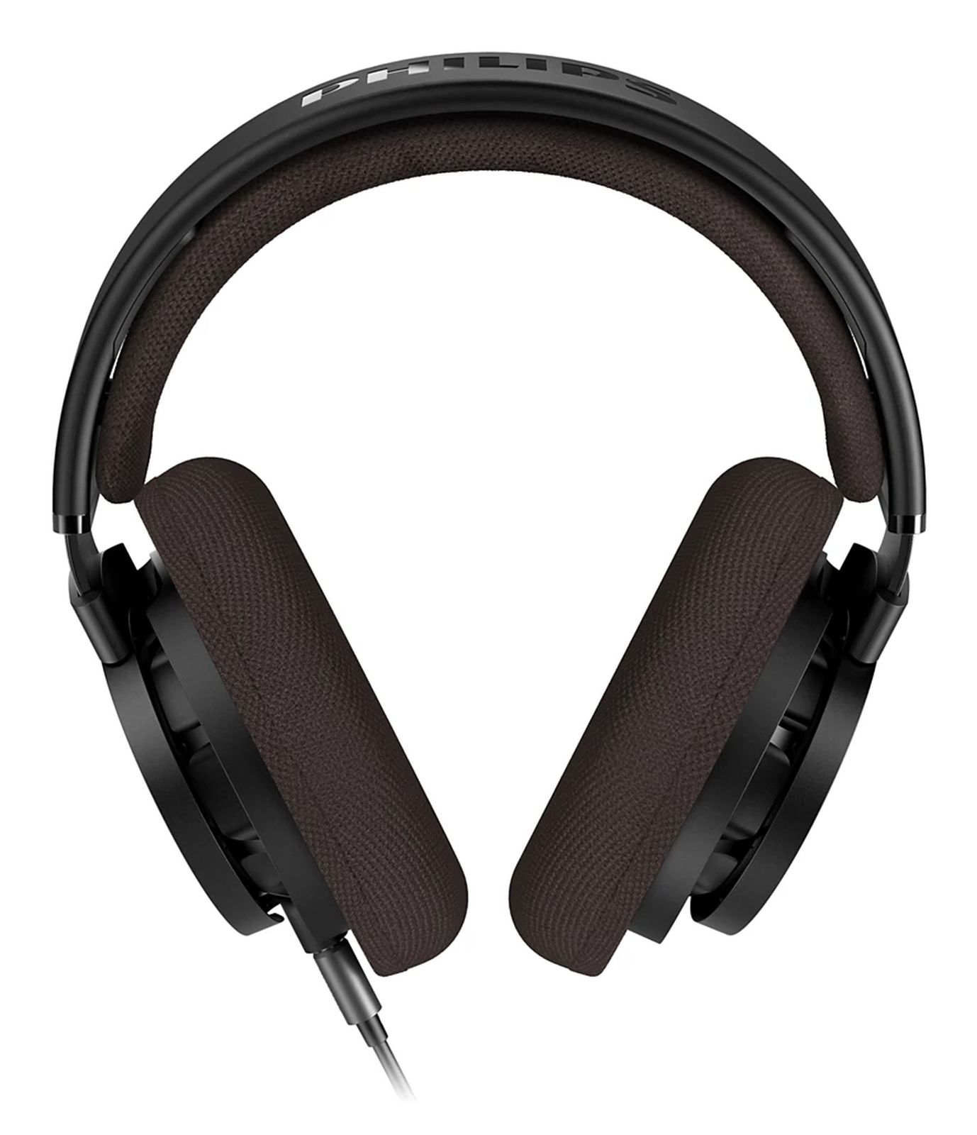 Auriculares supraaurales Philips negros con almohadillas de tela marrón sobre fondo blanco.