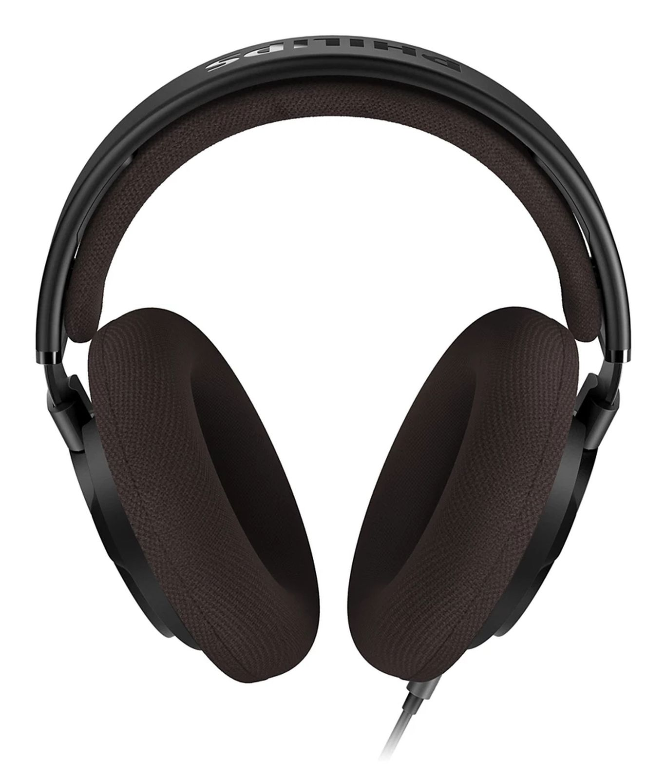 Auriculares supraaurales Philips negros con almohadillas de tela marrón sobre fondo blanco.