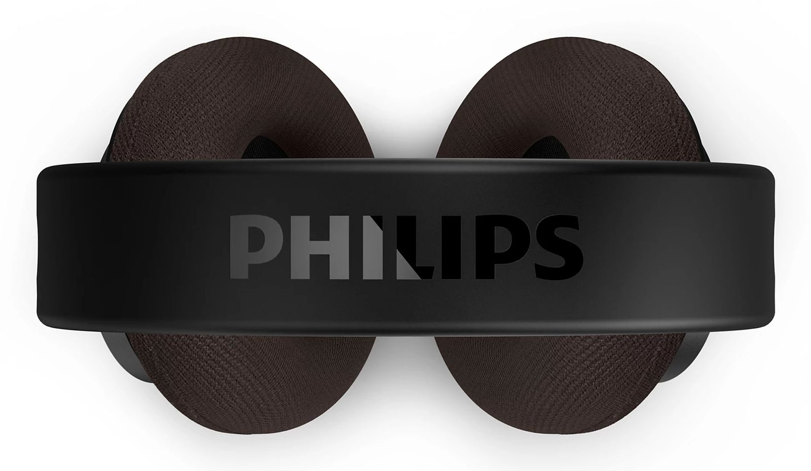 Vista superior de unos auriculares negros Philips con el logotipo de la marca en la diadema sobre fondo blanco.