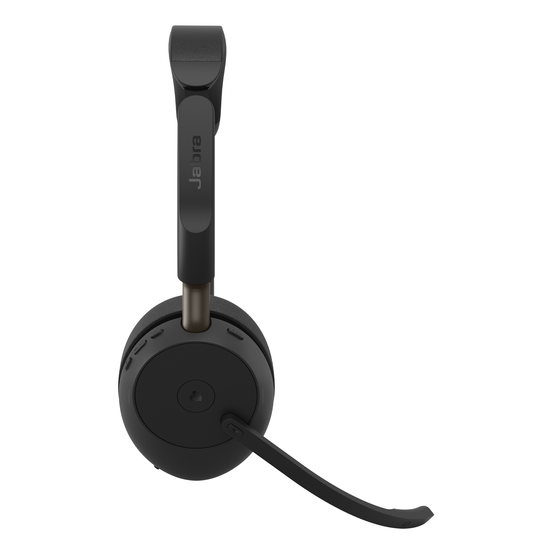 Cuffie wireless Jabra nere con braccio del microfono esteso, viste di lato su sfondo bianco.