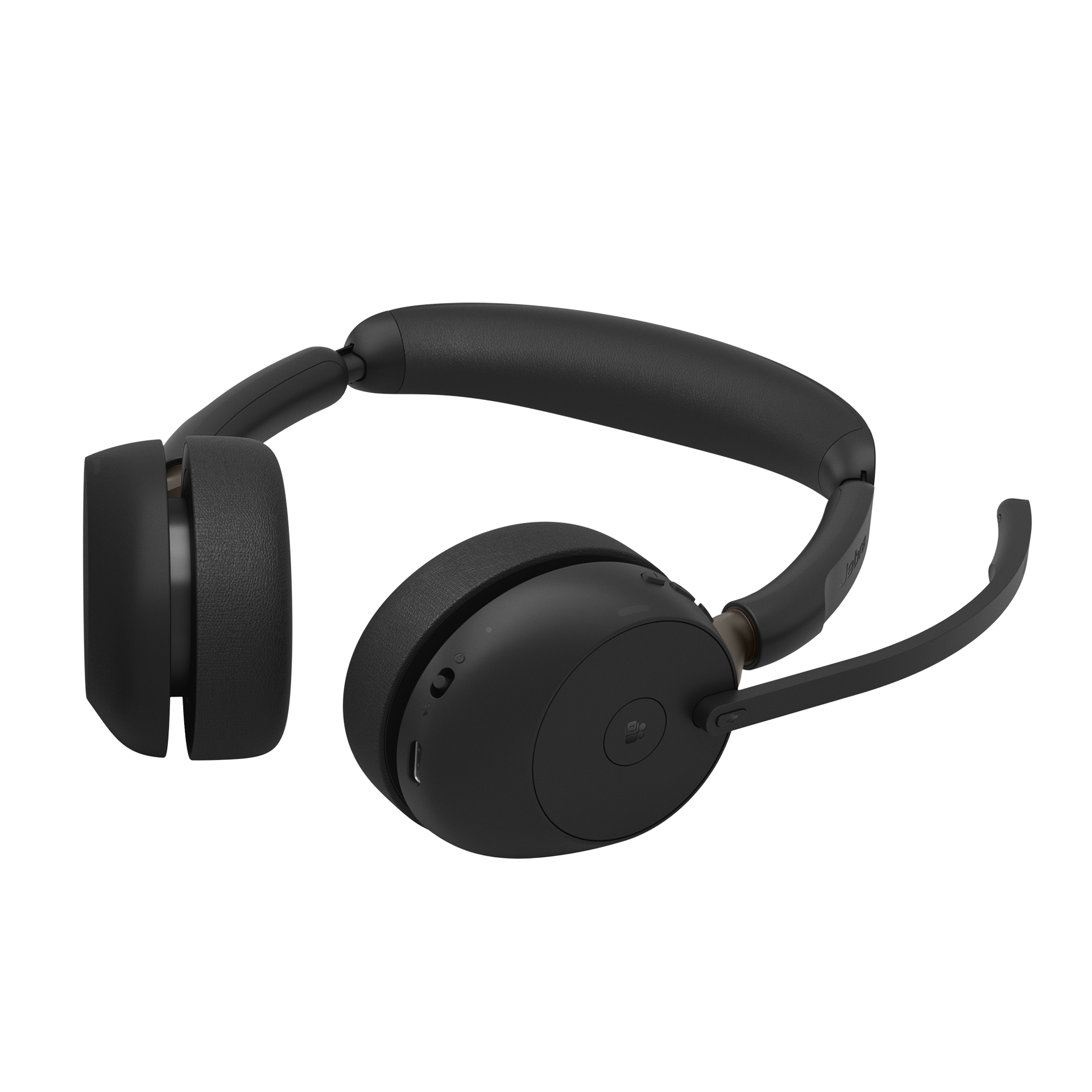 Un auricolare wireless nero con braccio del microfono attaccato al padiglione destro su sfondo bianco.