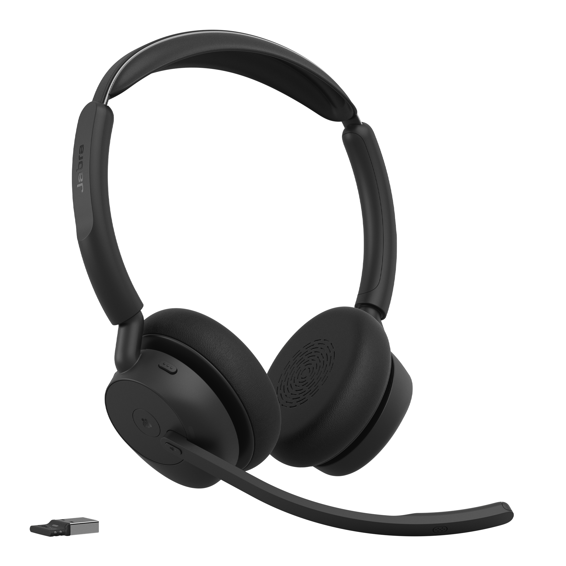 Schwarze Jabra Over-Ear-Wireless-Kopfhörer mit Mikrofonarm und kleinem USB-Adapter auf weißem Hintergrund.