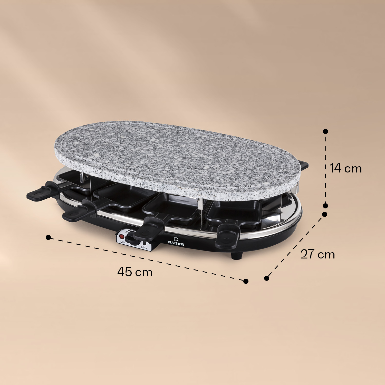 Ein ovaler Raclette-Grill mit Granitplatte und vier kleinen Pfännchen, Maße 45x27x14 cm auf beigem Hintergrund.