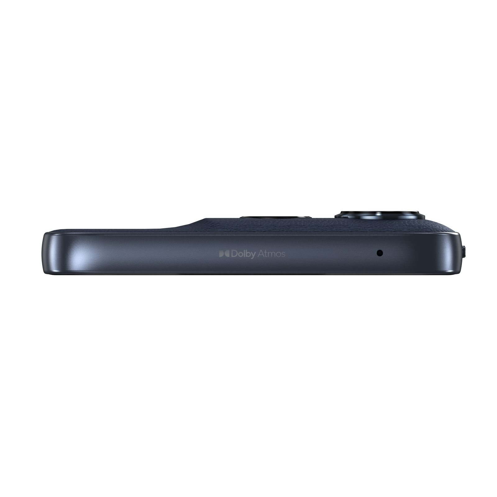 Vista laterale di uno smartphone scuro, con il logo Dolby Atmos e un piccolo foro per il microfono.