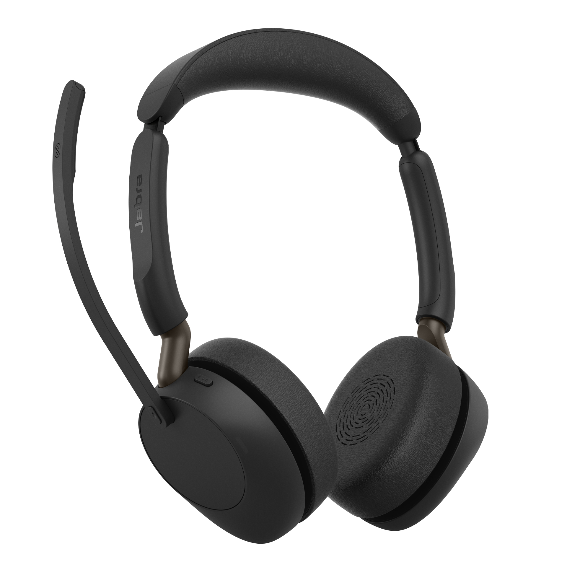 Schwarzes Jabra Over-Ear-Headset mit Kopfbügel und Mikrofonarm vor weißem Hintergrund.