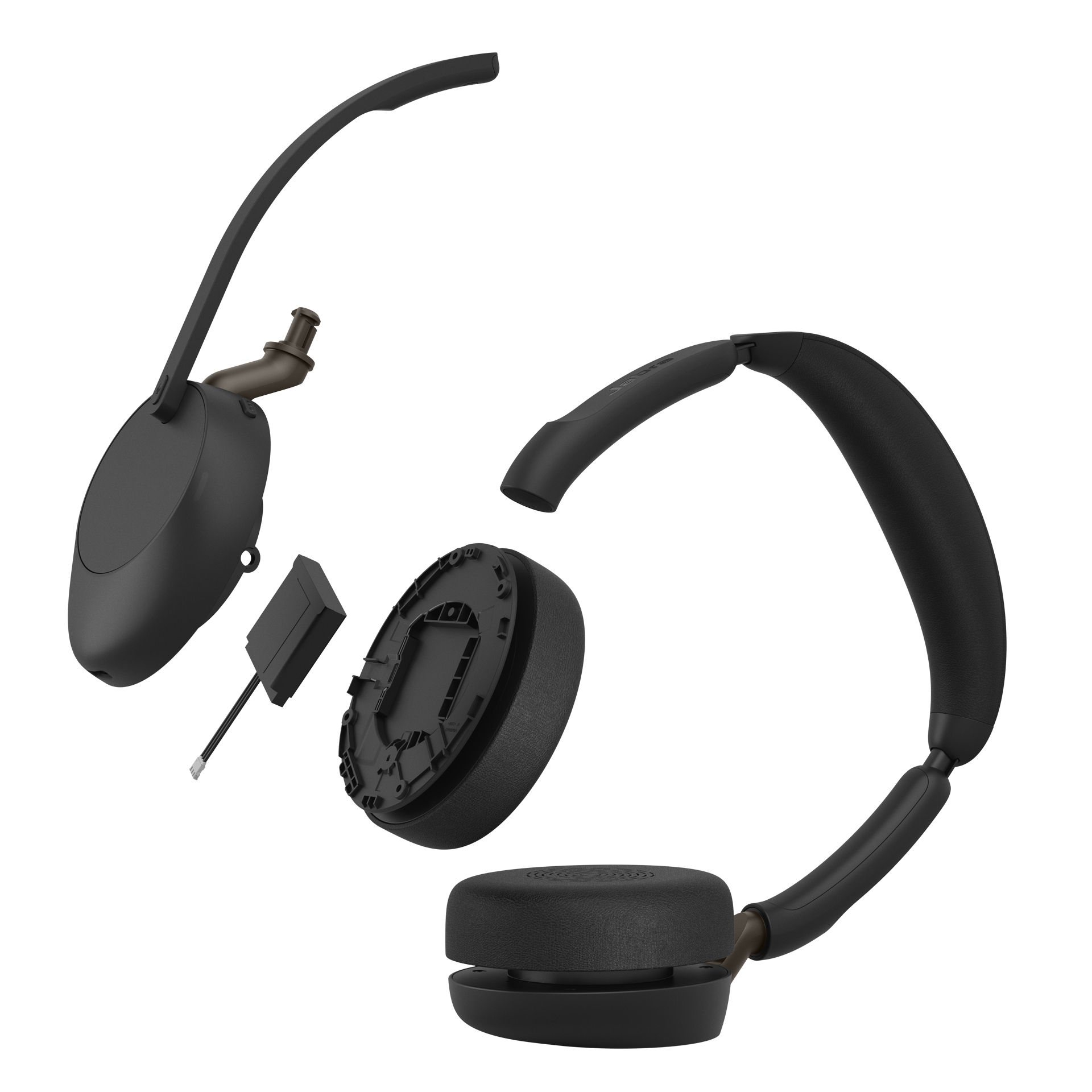 Explosionsansicht eines schwarzen kabellosen Headsets mit Kopfbügel, Ohrmuschel, Akku und internen Komponenten.
