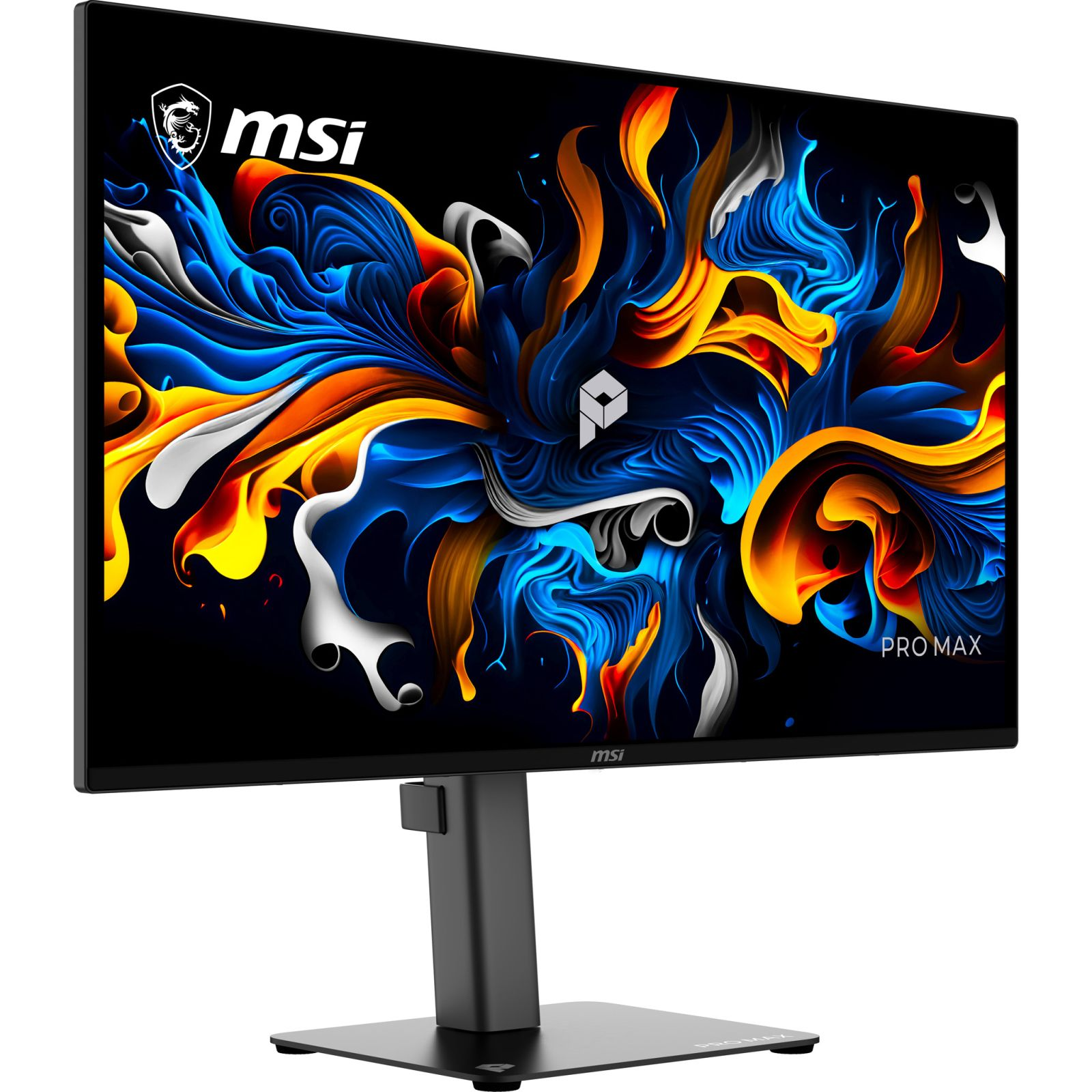 Monitor MSI na statywie wyświetla kolorową, abstrakcyjną tapetę z niebieskimi, pomarańczowymi i białymi wirami.