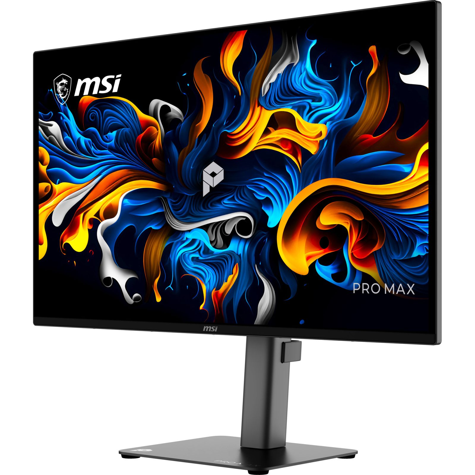 Monitor MSI Pro Max wyświetlający żywy, abstrakcyjny wzór z niebieskich, pomarańczowych i białych wirów.