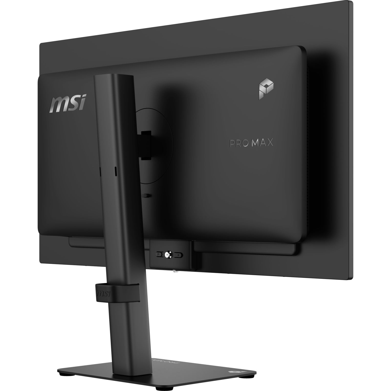 Widok z tyłu czarnego monitora komputera MSI Pro Max na stojaku z logo.