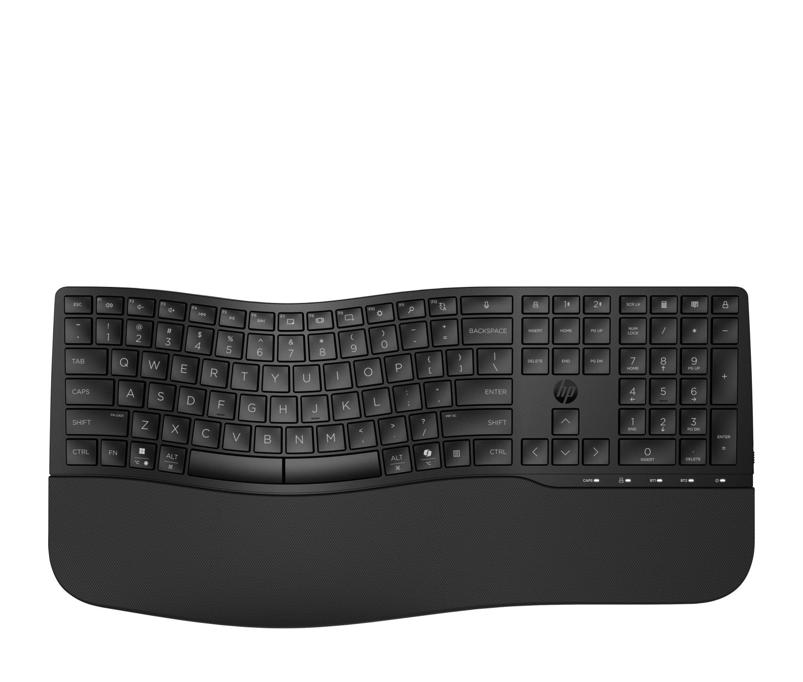 Eine schwarze, ergonomisch geschwungene HP-Tastatur mit integrierter Handballenauflage auf weißem Hintergrund.