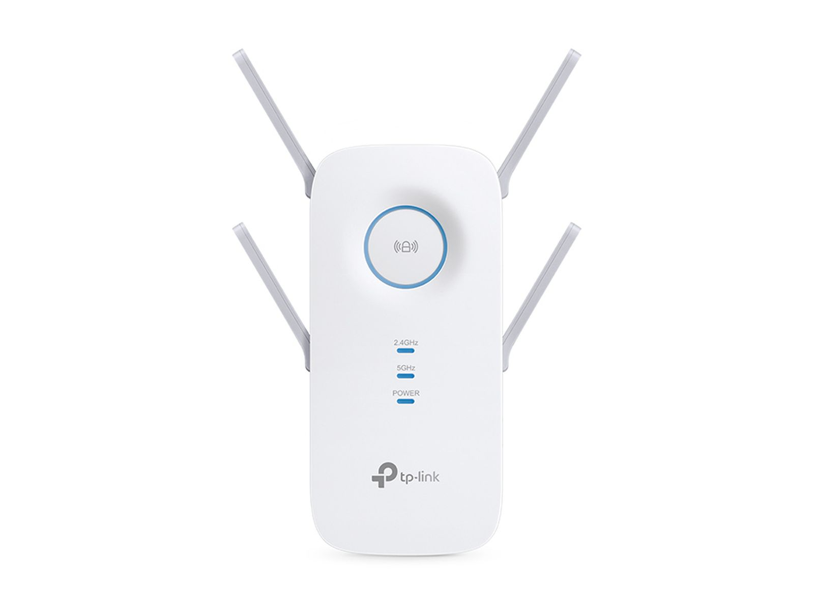 Weißer TP-Link WLAN-Verstärker mit vier verstellbaren Antennen und einer zentralen Statusleuchte.