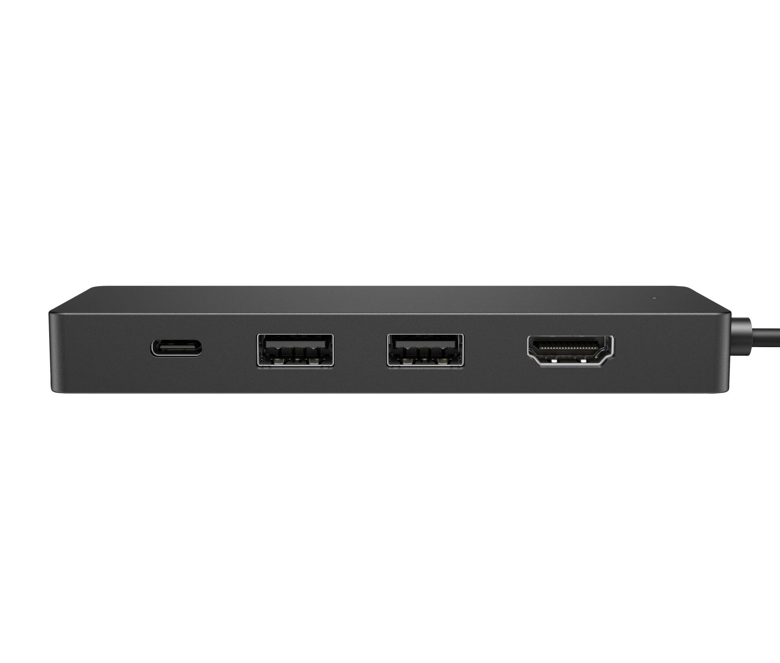 Un hub USB-C nero con una porta USB-C, due porte USB-A e una porta HDMI sul pannello frontale su sfondo bianco.