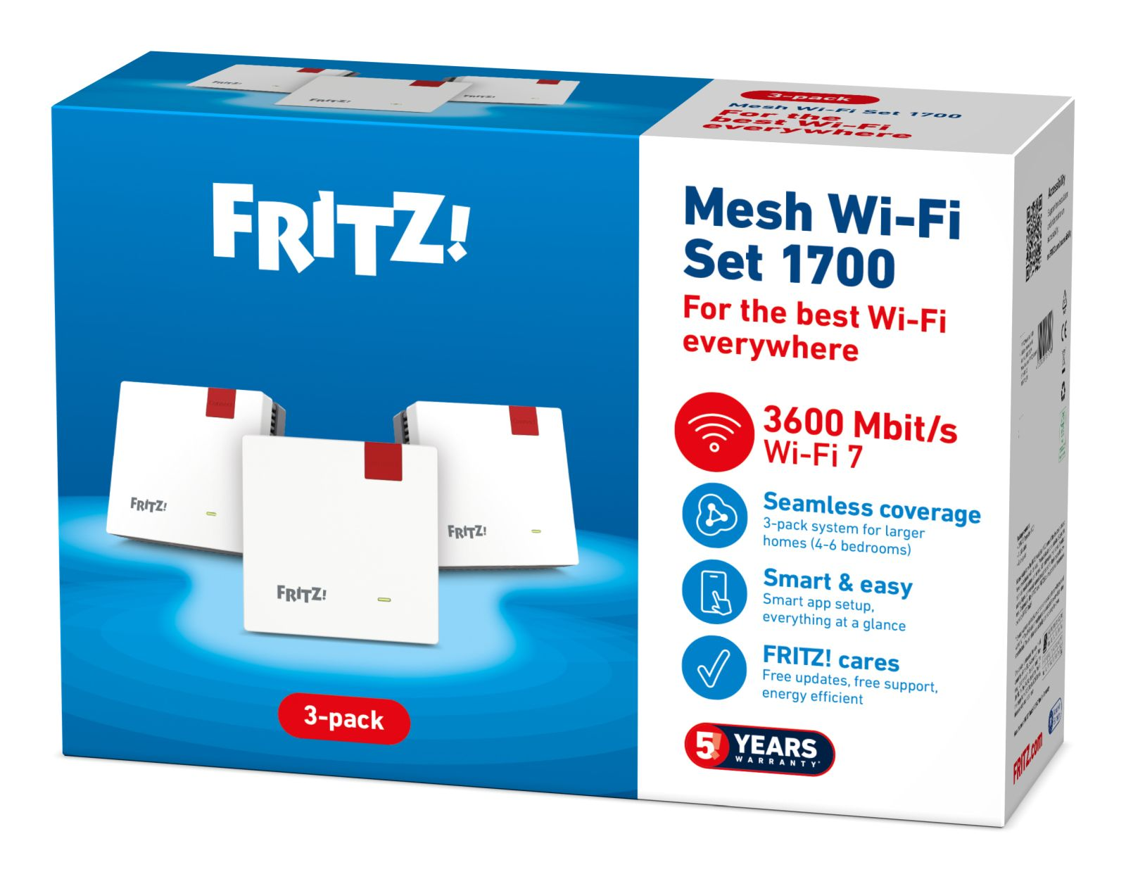 Verpackung eines FRITZ! Mesh Wi-Fi Set 1700 mit drei weißen Routern.