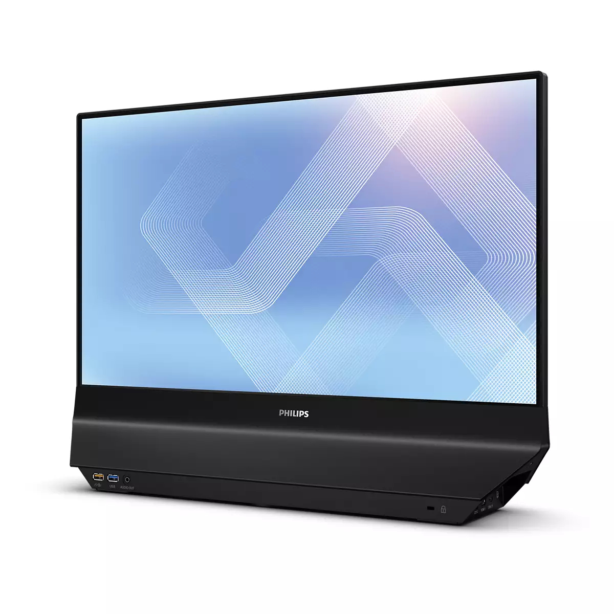 Un monitor Philips negro moderno con una base ancha y líneas abstractas azules en la pantalla.