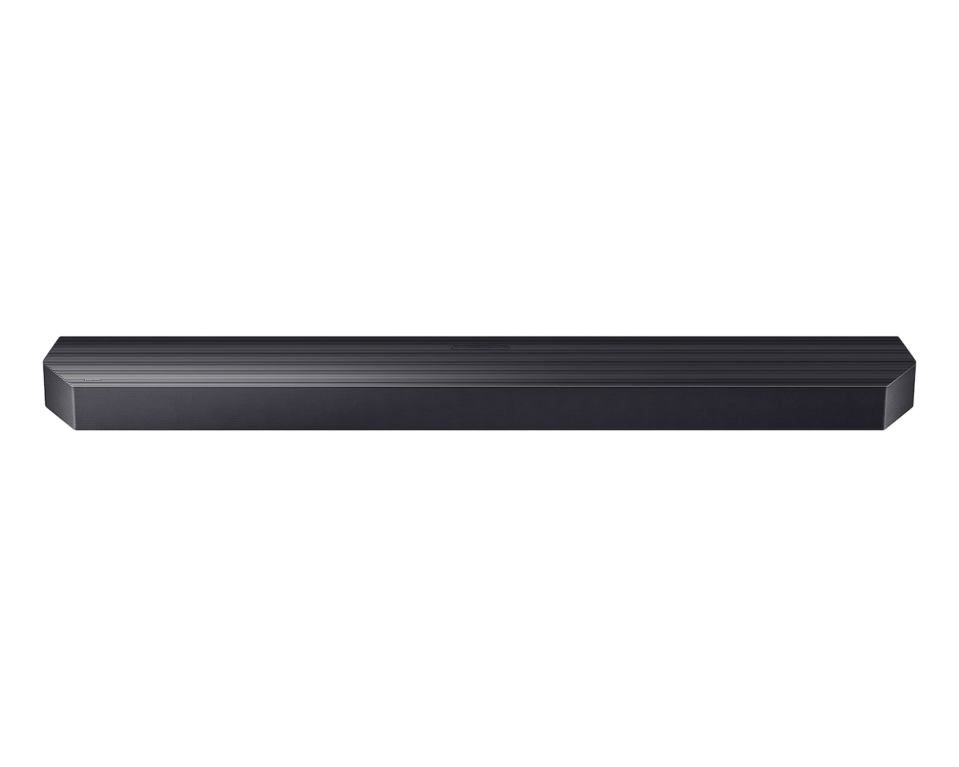 Una soundbar lunga e grigio scuro con un design testurizzato e scanalato su sfondo bianco.