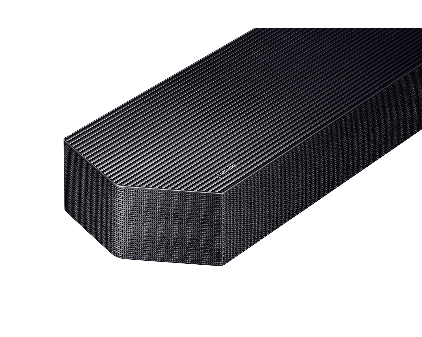 Soundbar Samsung nera con design superiore a coste e griglia in metallo.