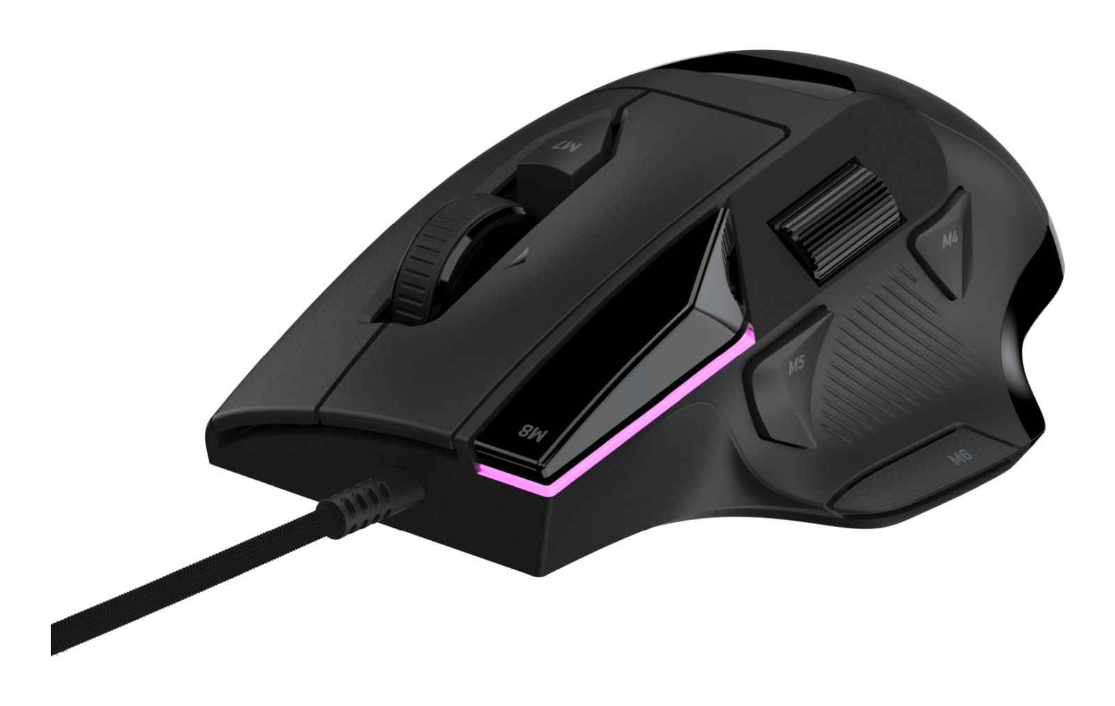 Eine schwarze Gaming-Maus mit integrierter pinker Beleuchtung und einem geflochtenen Kabel vor weißem Hintergrund.