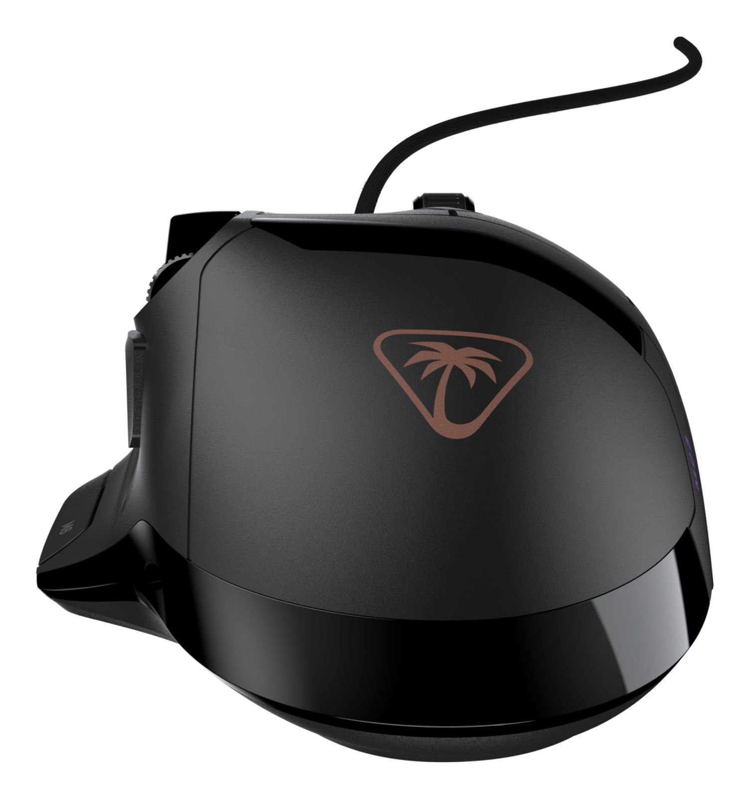 Schwarze kabelgebundene Gaming-Maus mit Daumentaste und palmenförmigem Logo.