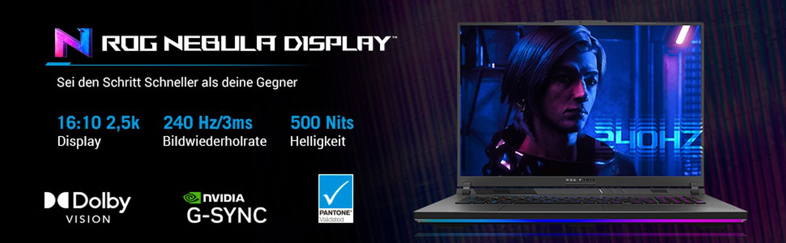 ROG Nebula Display Laptop mit Text und technischen Spezifikationen auf dunklem Hintergrund.