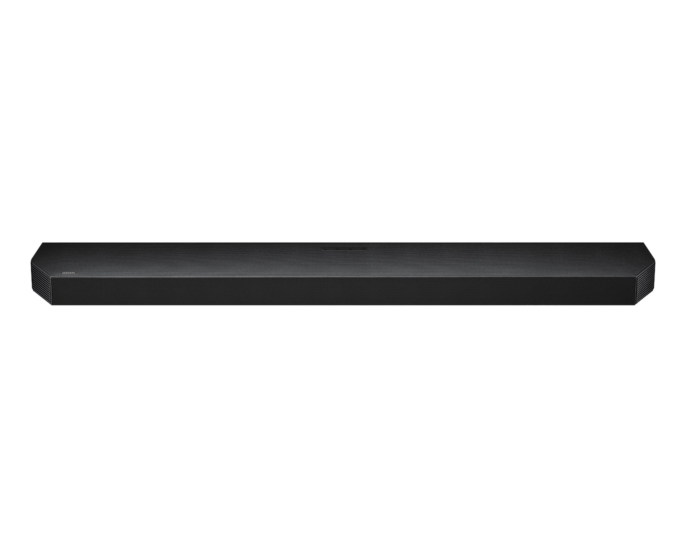 Una soundbar nera lunga ed elegante su uno sfondo bianco.