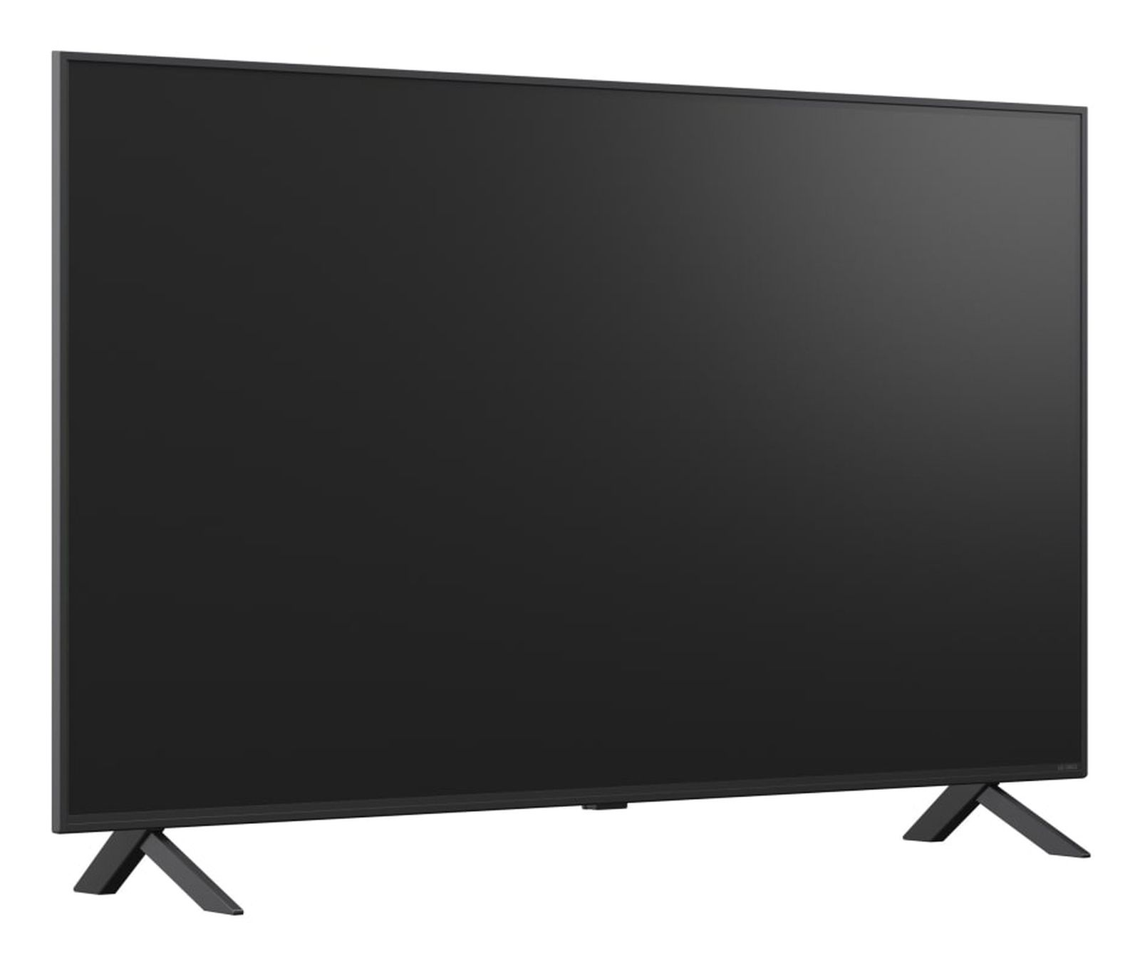 Un televisor de pantalla plana grande y negro con un borde delgado sobre dos patas en V contra un fondo blanco.