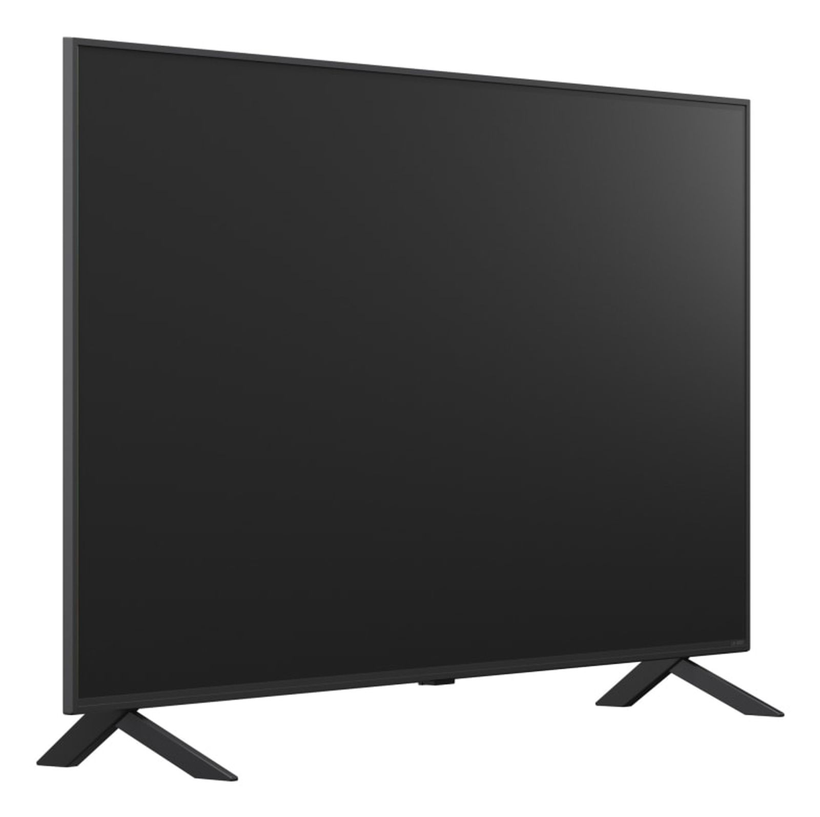 Un televisor de pantalla plana grande y negro con patas en forma de V sobre un fondo blanco.