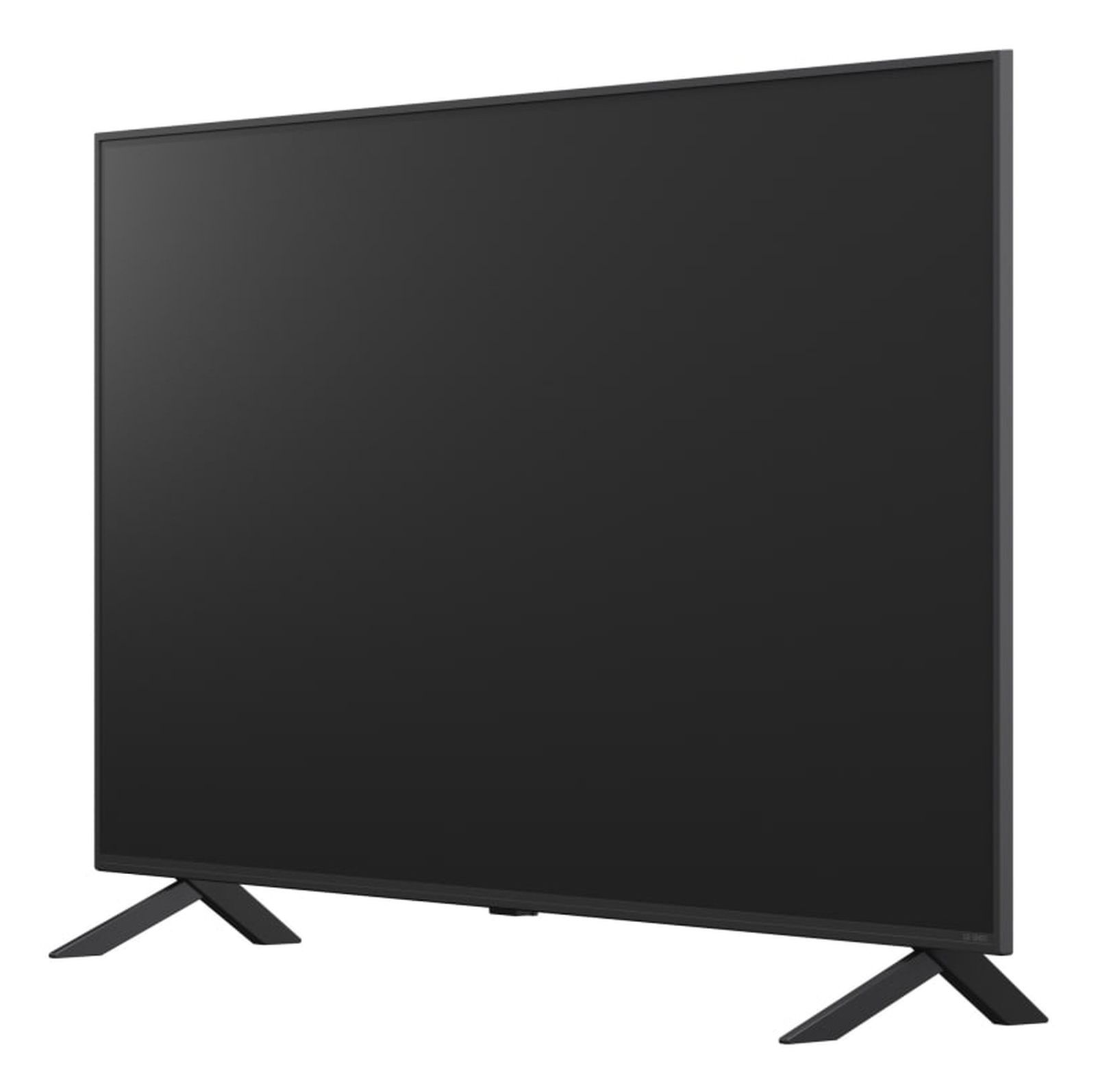 Un televisor grande y negro con pantalla plana sobre un soporte contra un fondo blanco.