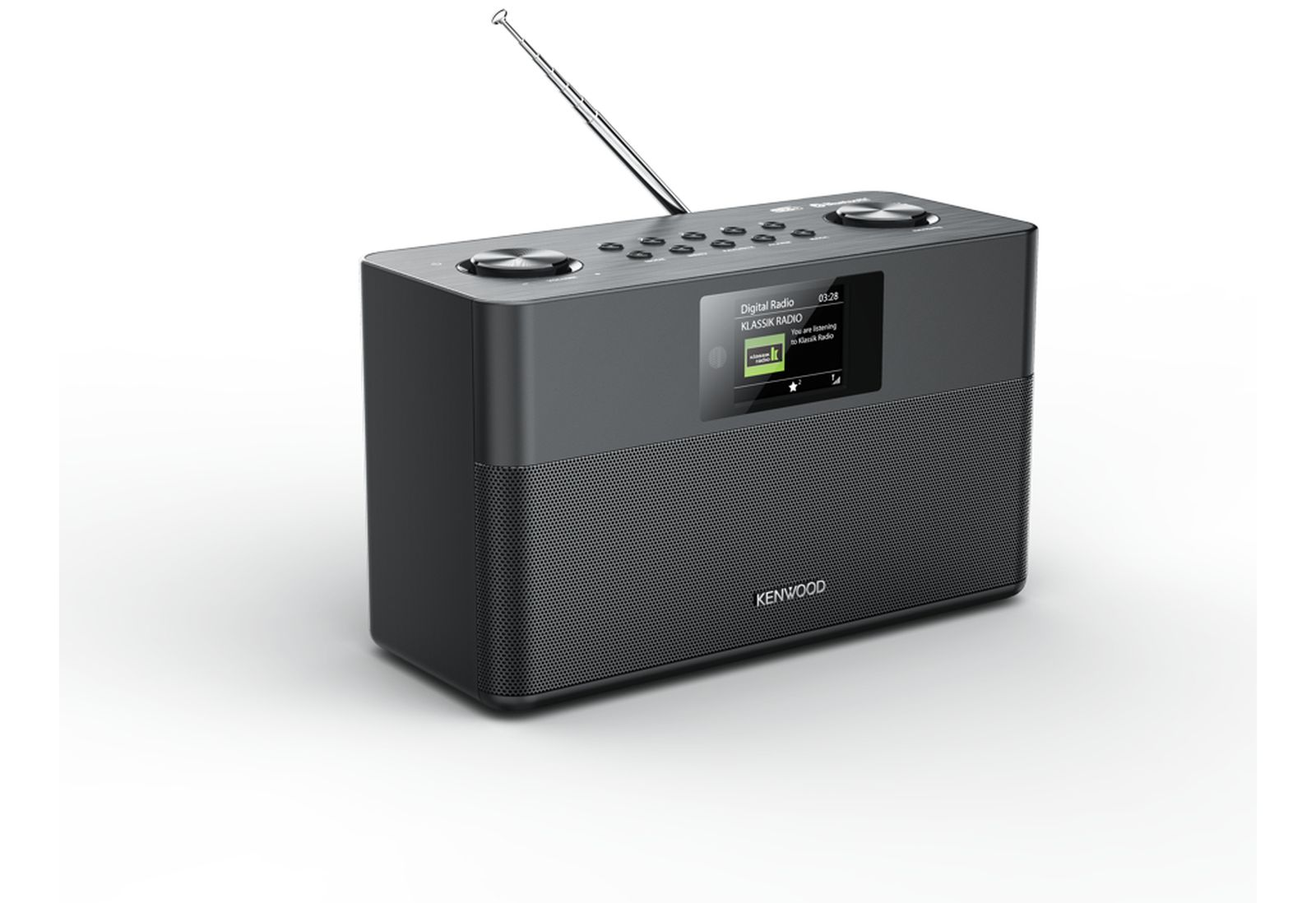 Una radio digitale Kenwood nera con antenna, display e griglia dell'altoparlante su sfondo bianco.