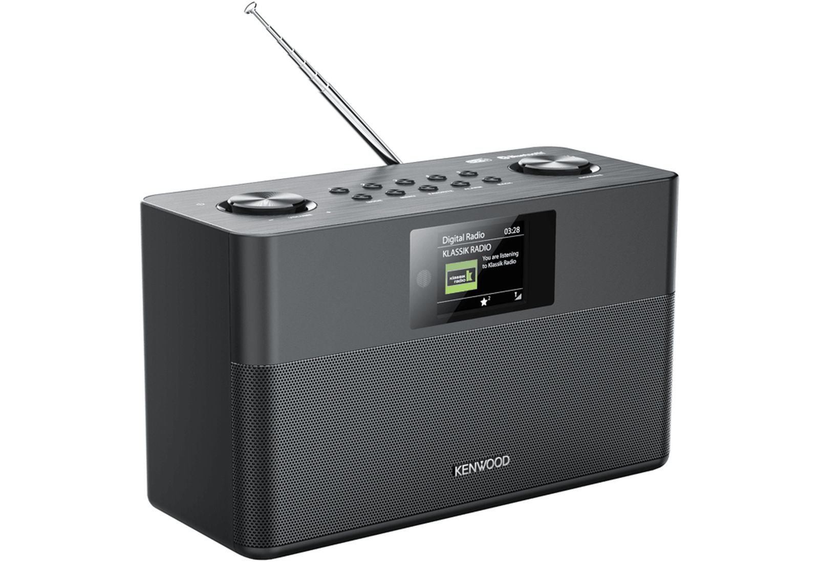 Radio digitale nera Kenwood con display, pulsanti di controllo, griglia dell'altoparlante e antenna.