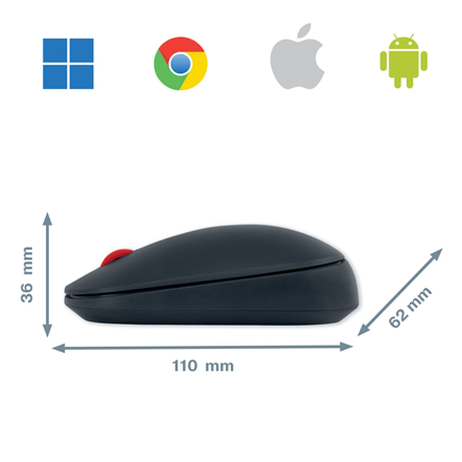 Ratón de ordenador negro con dimensiones (110x62x36 mm) y logotipos de sistemas operativos arriba.