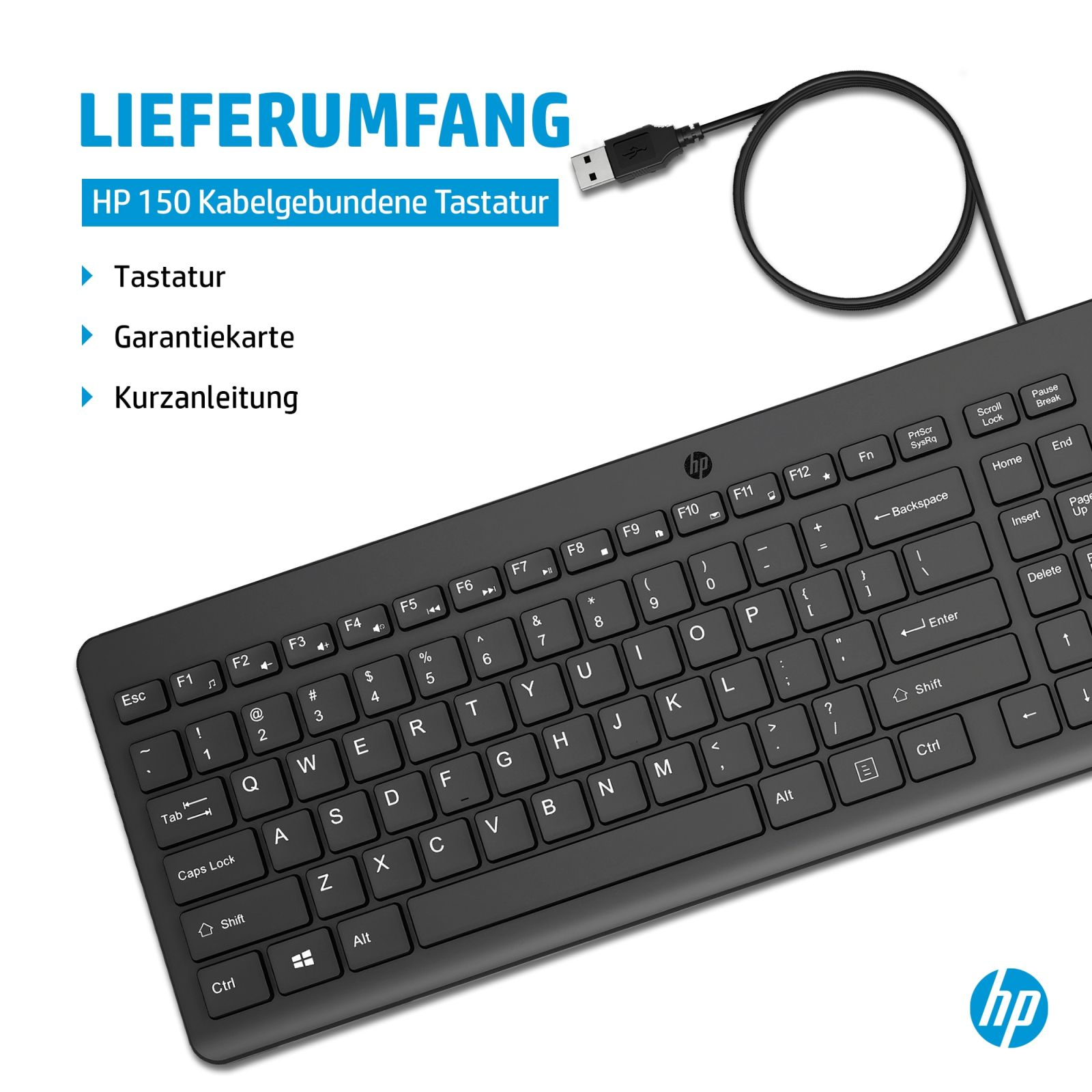 Teclado con cable HP 150 negro con cable USB y texto de contenido.