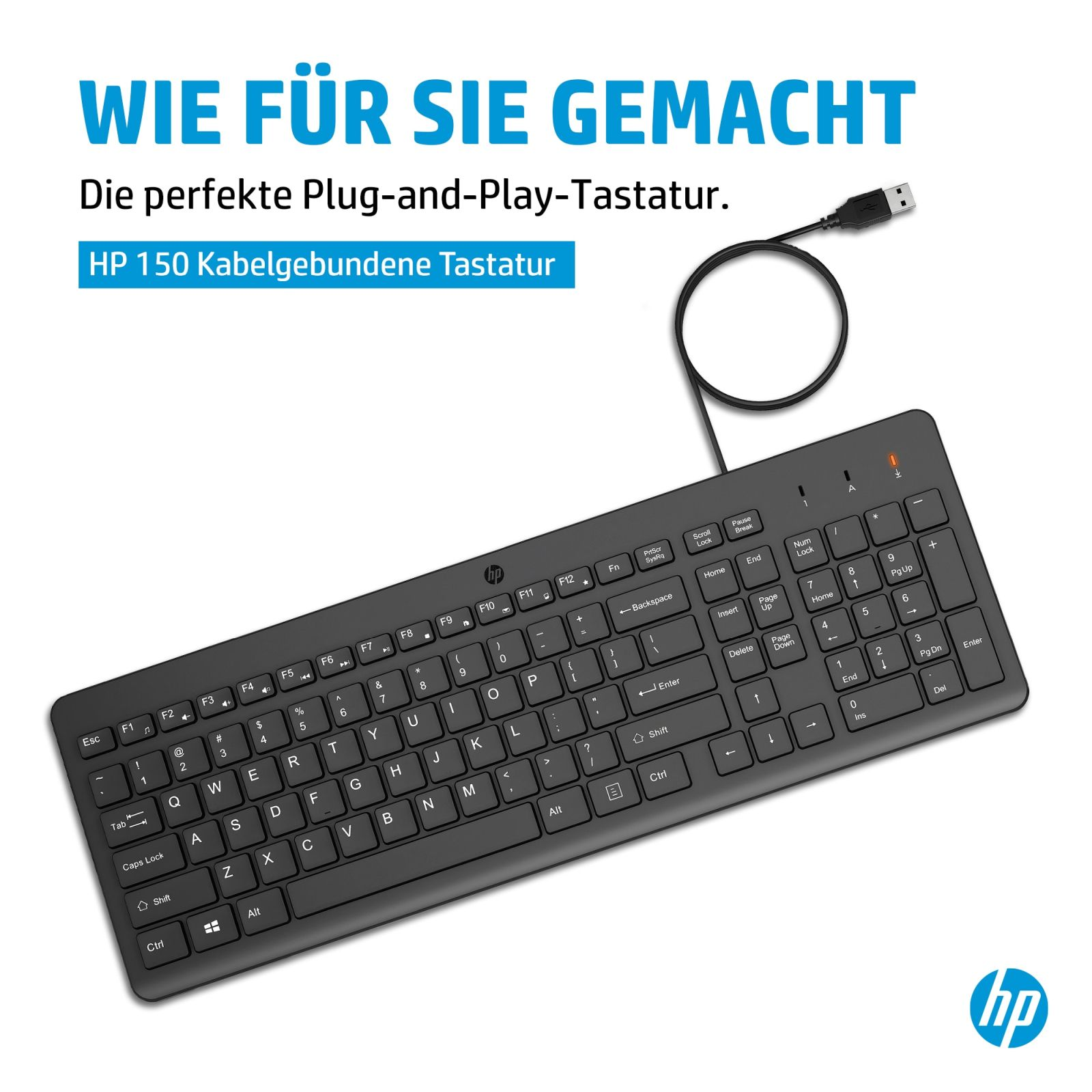 Teclado con cable negro HP 150 con cable USB y texto promocional arriba.