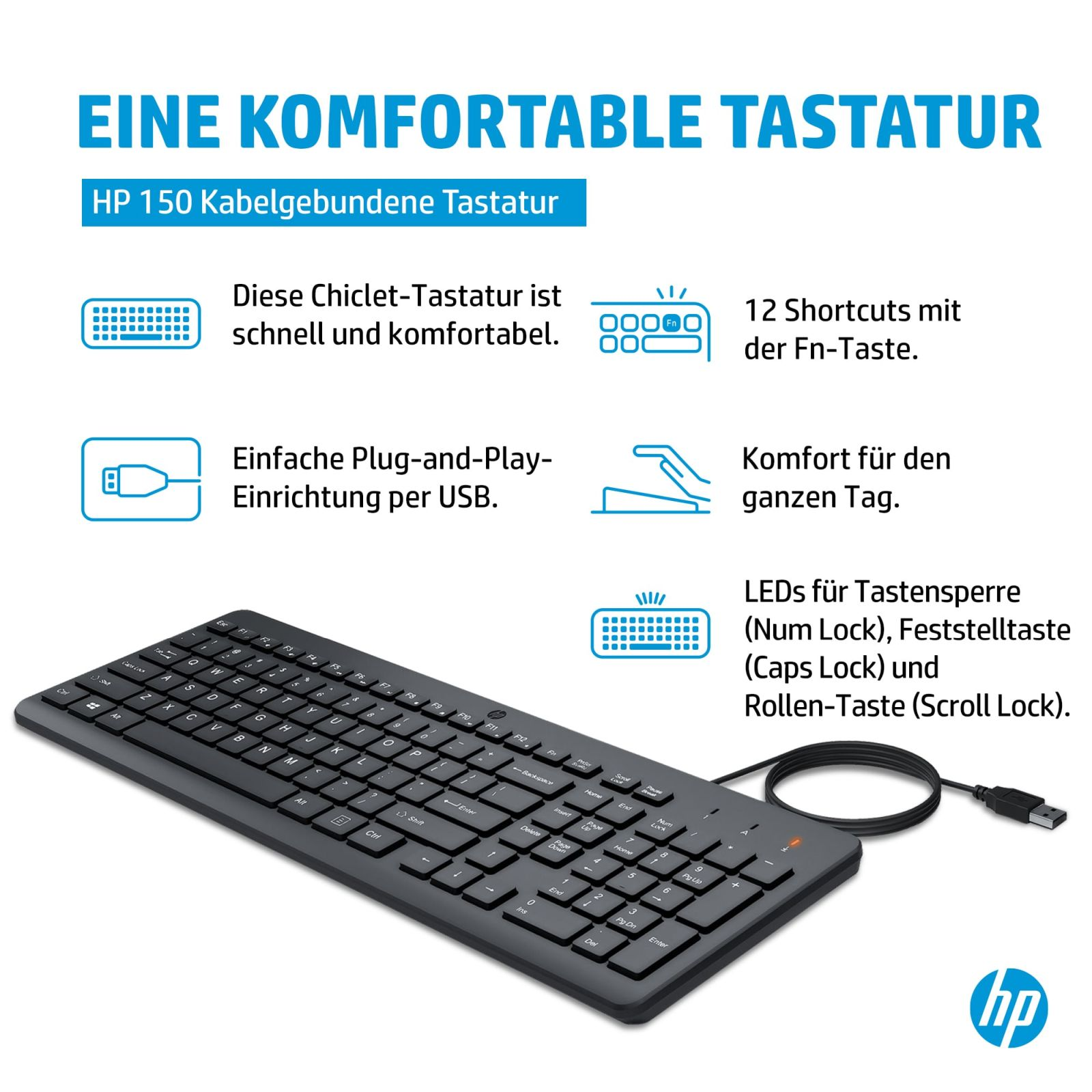 Teclado con cable HP 150 con USB, teclas tipo chiclet y accesos directos.