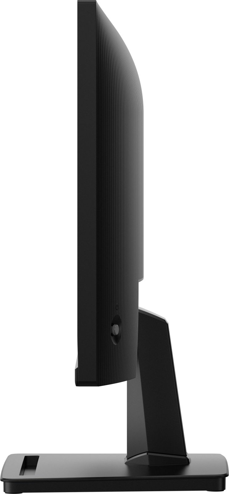 Seitenansicht eines schlanken schwarzen Monitors auf einem Standfuß mit einer Power-Taste hinten.
