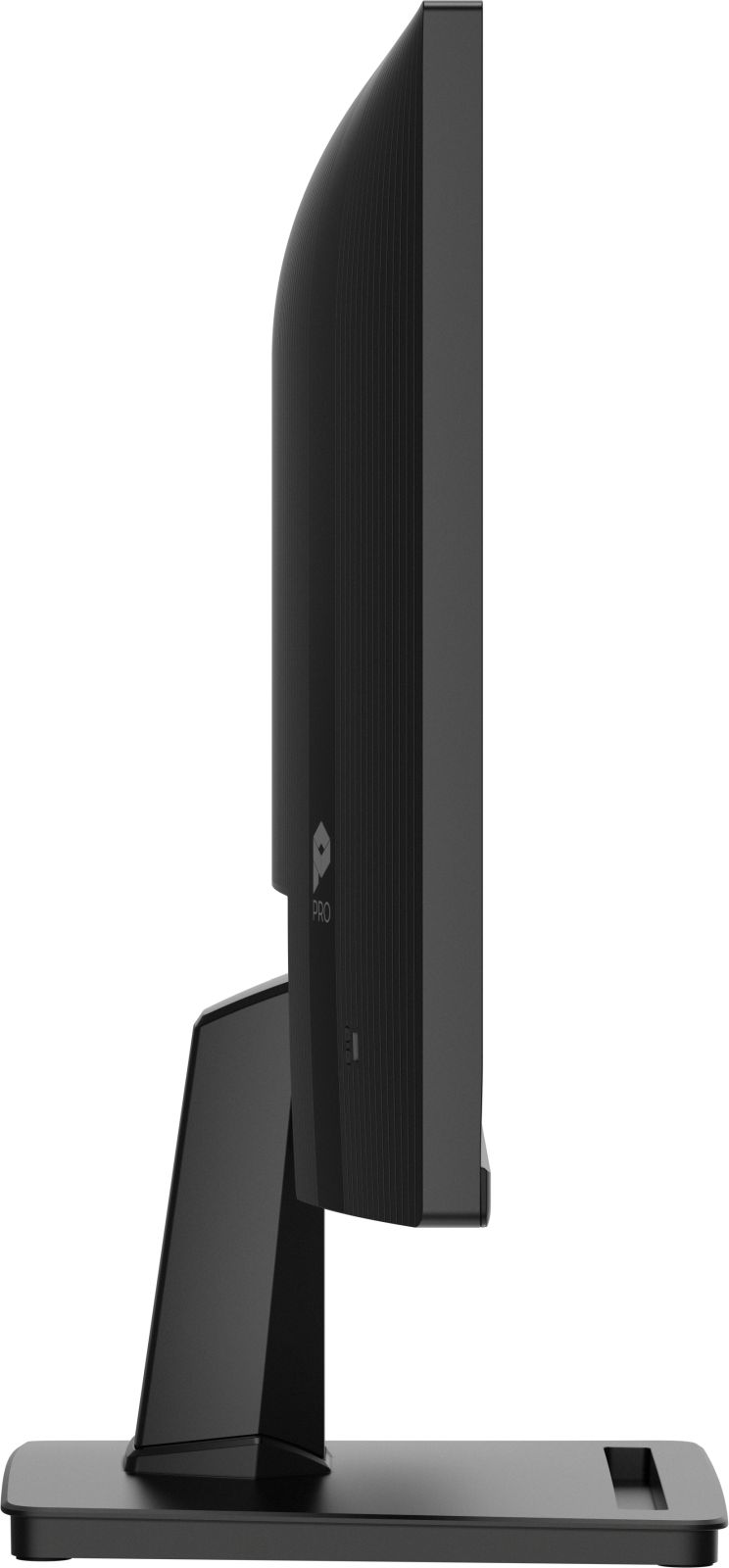 Seitenansicht eines schlanken, schwarzen Computermonitors mit Ständer auf weißem Hintergrund.