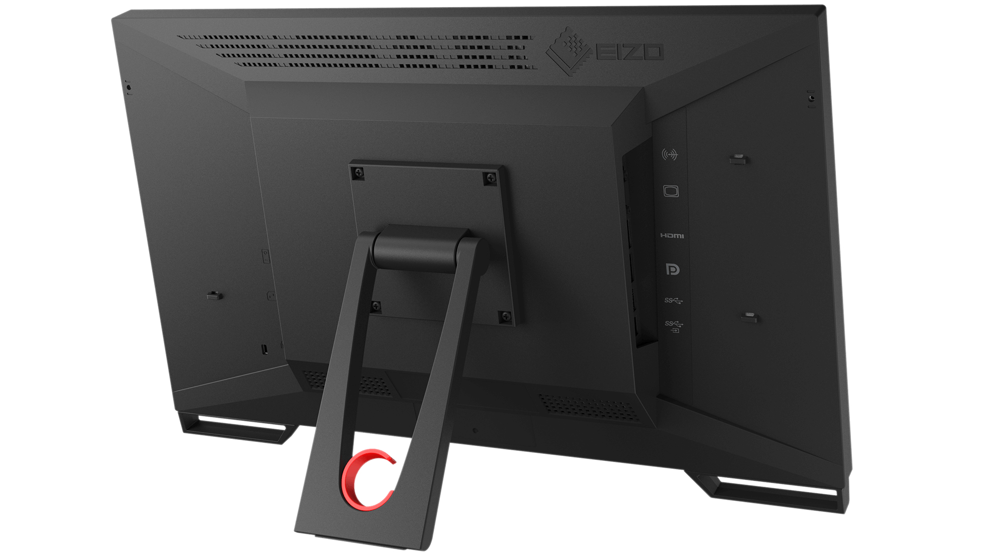 Vista trasera de un monitor negro con soporte, ranuras de ventilación y un anillo rojo para cables en la base.