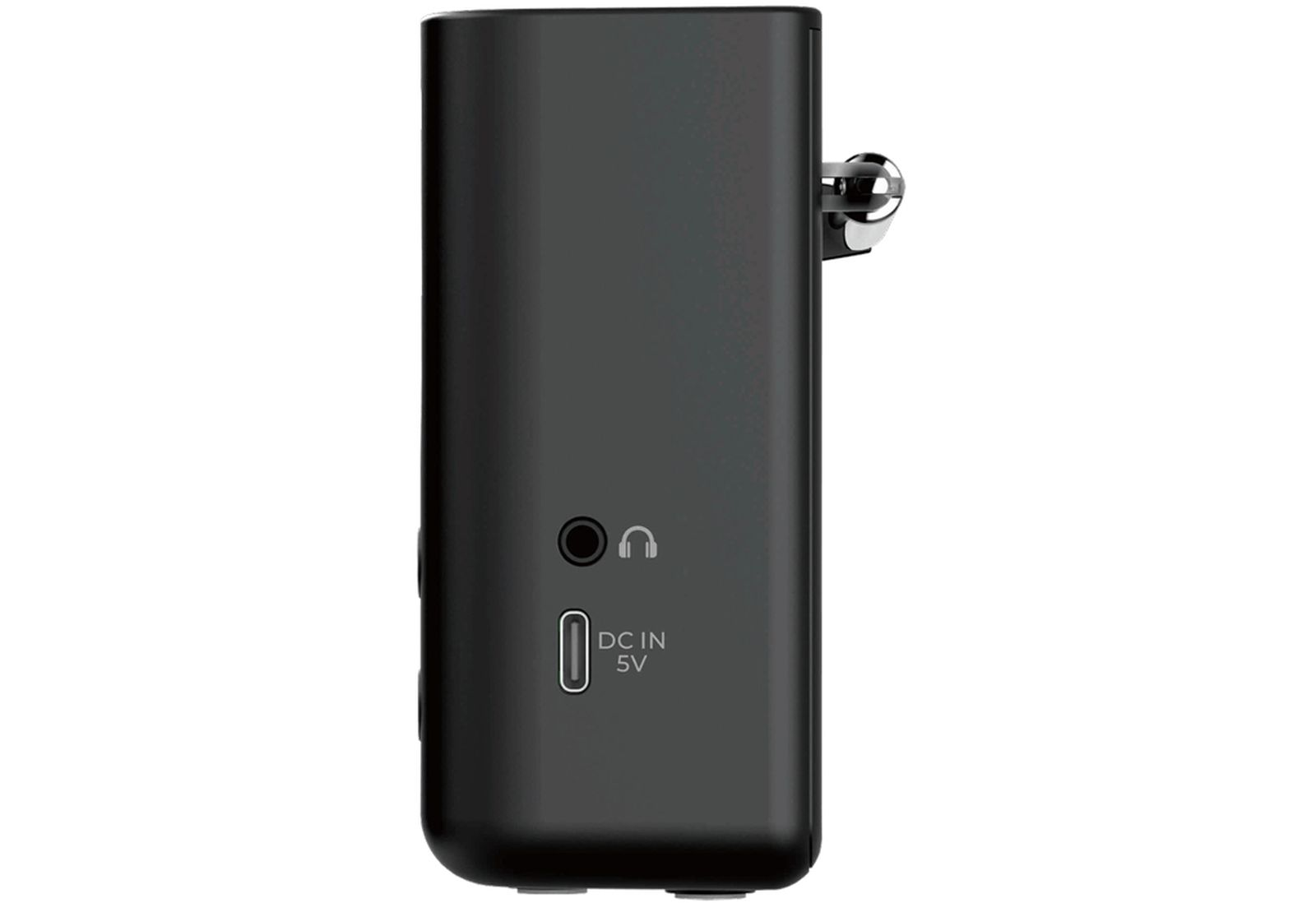 Dispositivo electrónico negro con toma de auriculares y puerto DC IN 5V.