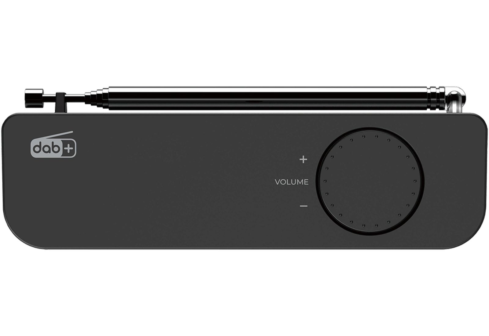 Una elegante radio DAB+ negra con antena y un altavoz redondo grande o control de volumen a la derecha.