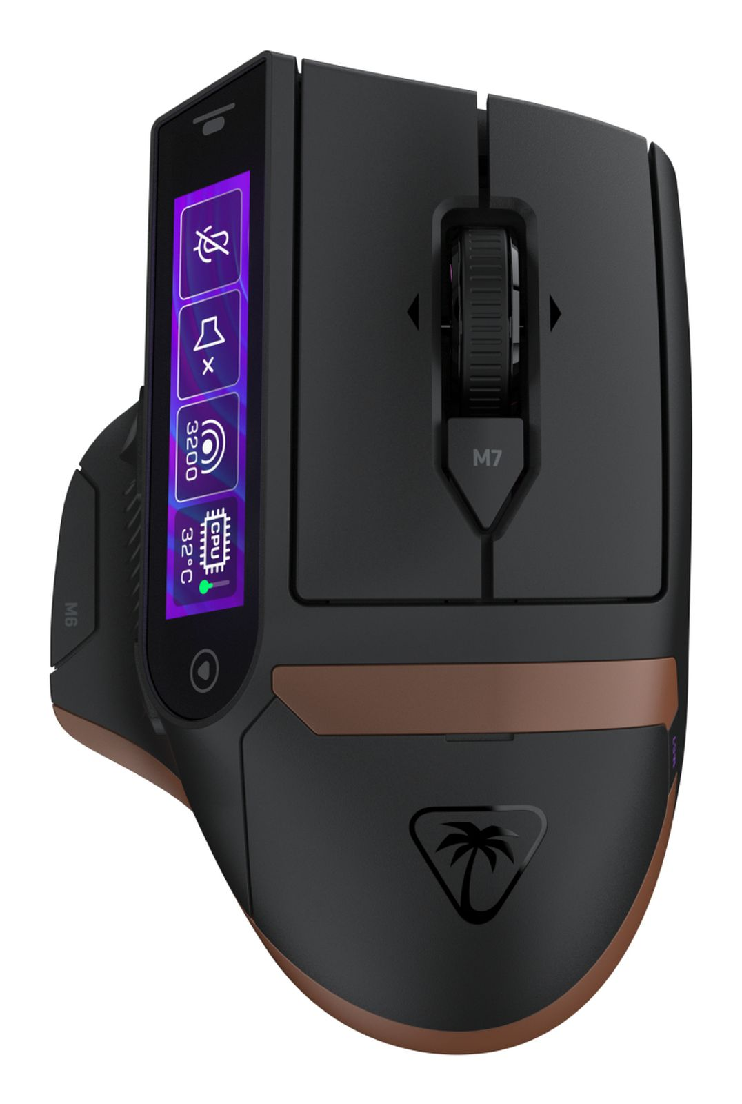 Schwarze Gaming-Maus mit LCD-Display, Scrollrad und Palmen-Logo auf weißem Hintergrund.