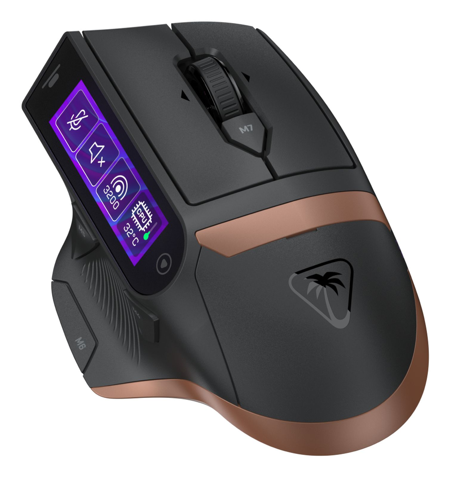 Schwarze und kupferfarbene kabellose Gaming-Maus mit einem OLED-Display an der Seite.