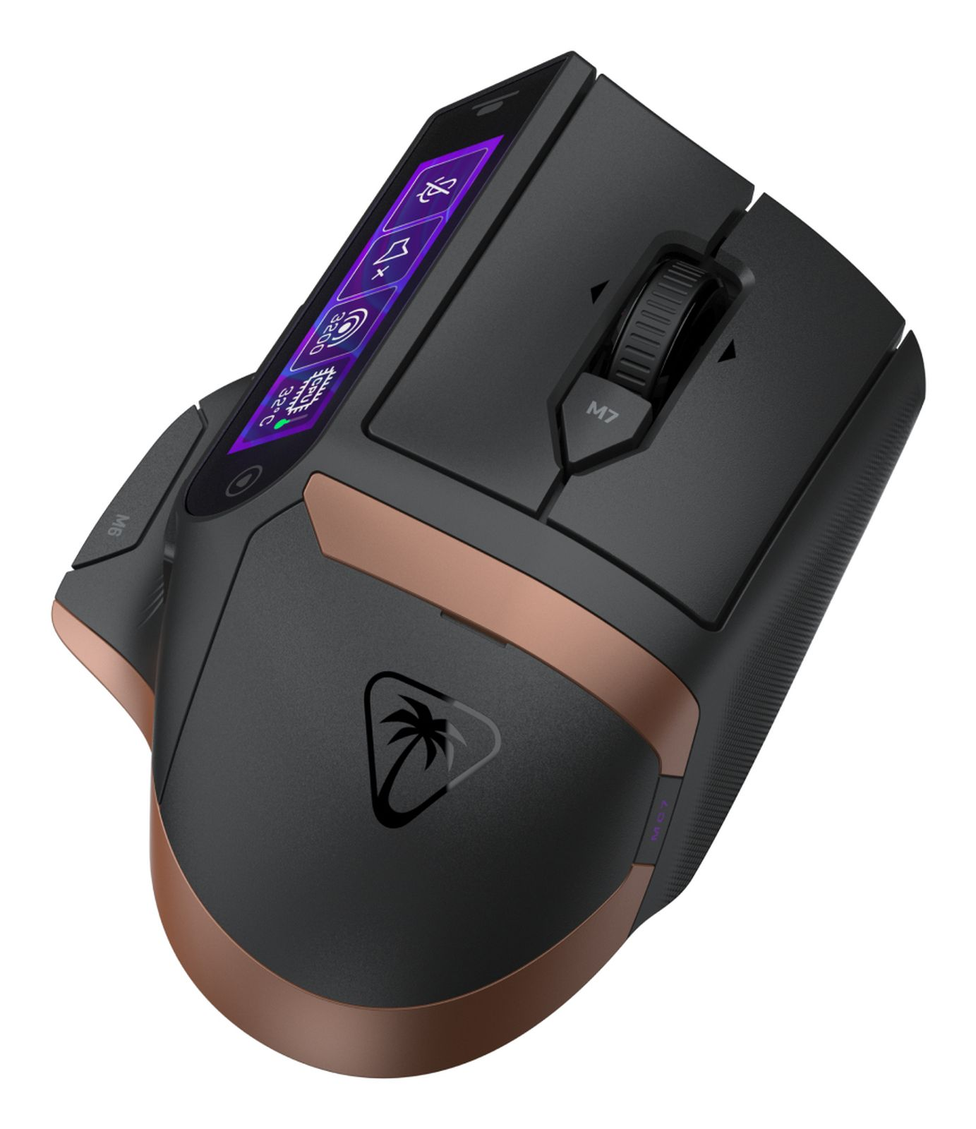 Schwarze und kupferfarbene Gaming-Maus mit LCD-Bildschirm, Daumentaste und Palmensymbol.