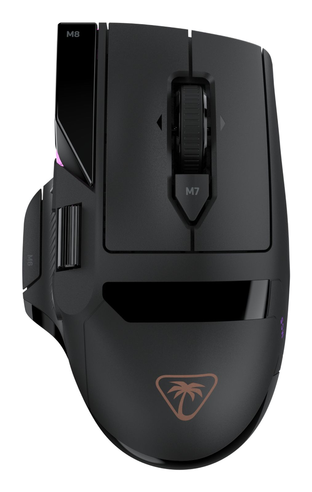 Eine schwarze Gaming-Maus mit Daumentasten, Scrollrad und einem Logo unten auf weißem Hintergrund.