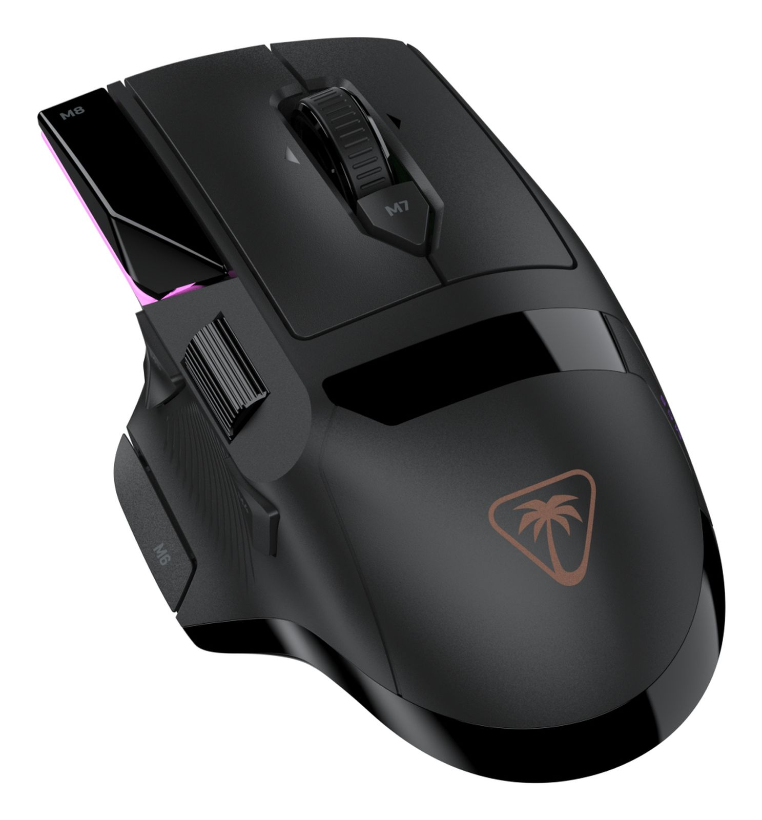 Eine schwarze Gaming-Maus mit RGB-Beleuchtung, Scrollrädern und programmierbaren Tasten.