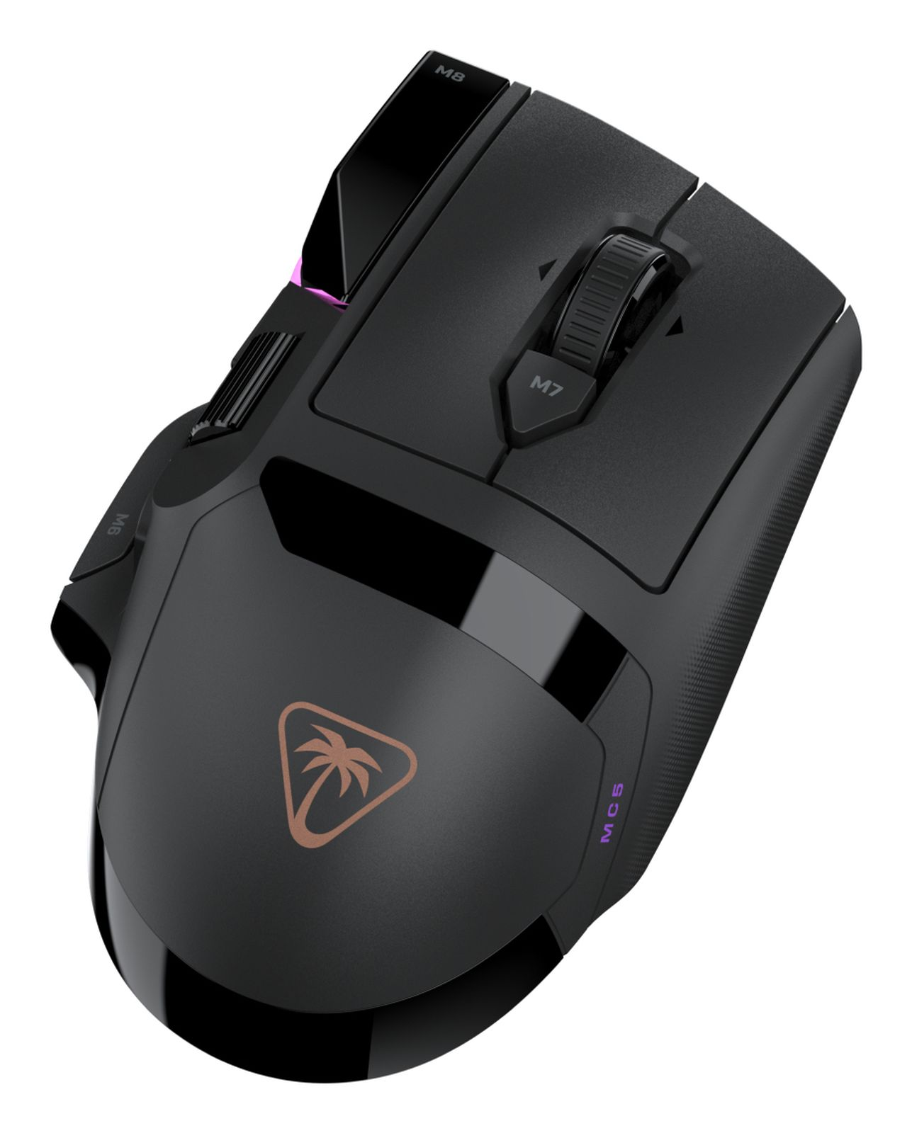 Eine schwarze Gaming-Maus mit extra Tasten, Scrollrad und Palmen-Logo auf weißem Hintergrund.