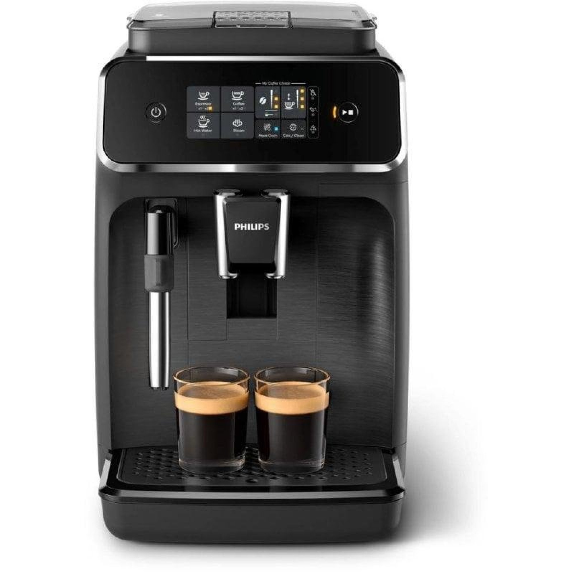 Cafetera Philips negra con pantalla táctil digital, varilla de vapor y dos vasos llenos de espresso recién hecho.