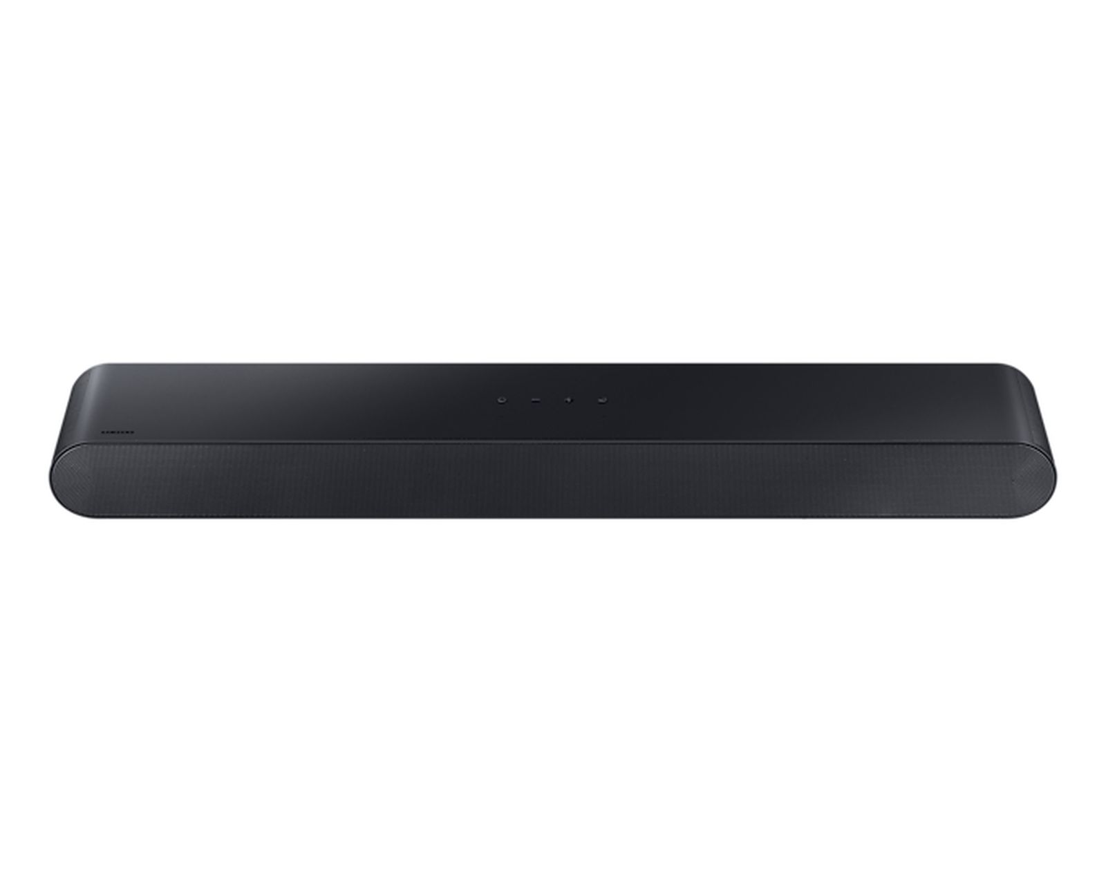 Una soundbar nera lunga ed elegante su sfondo bianco con pulsanti.
