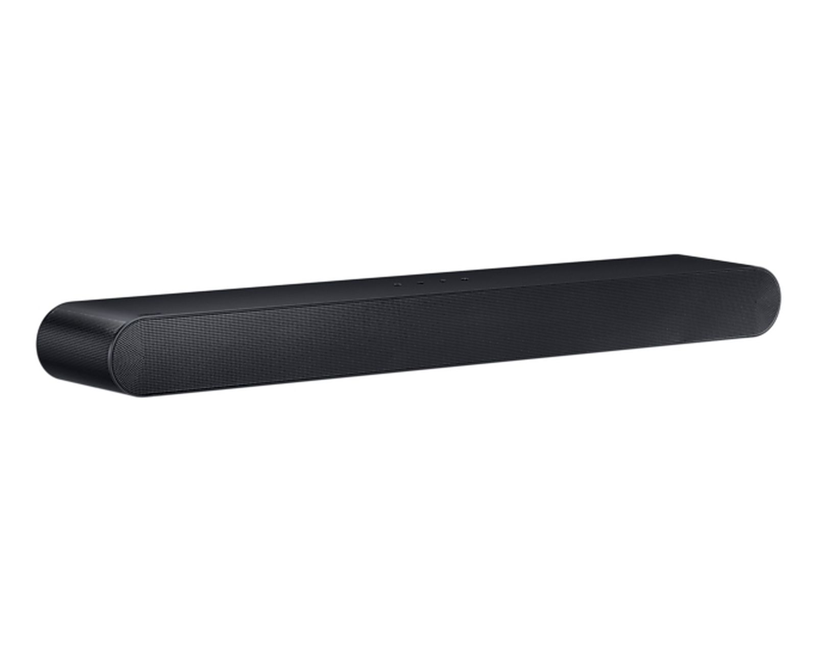 Una lunga soundbar nera con bordi arrotondati e griglia metallica su sfondo bianco.